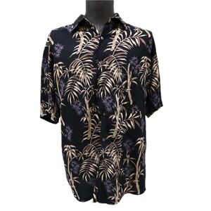 John Ashford Men's XL Hawaiian Shirt Short Sleeve Black Purple Beige Floral